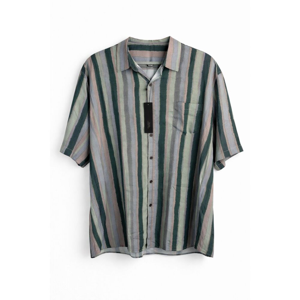 Men’s Vertical Stripe Button-Up Shirt 3XL Relaxed Casual Camp Shirt